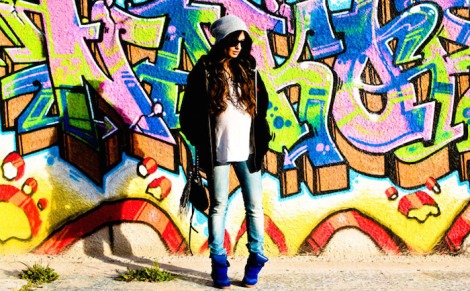 graffiti wall, sneaker wedges, beanie